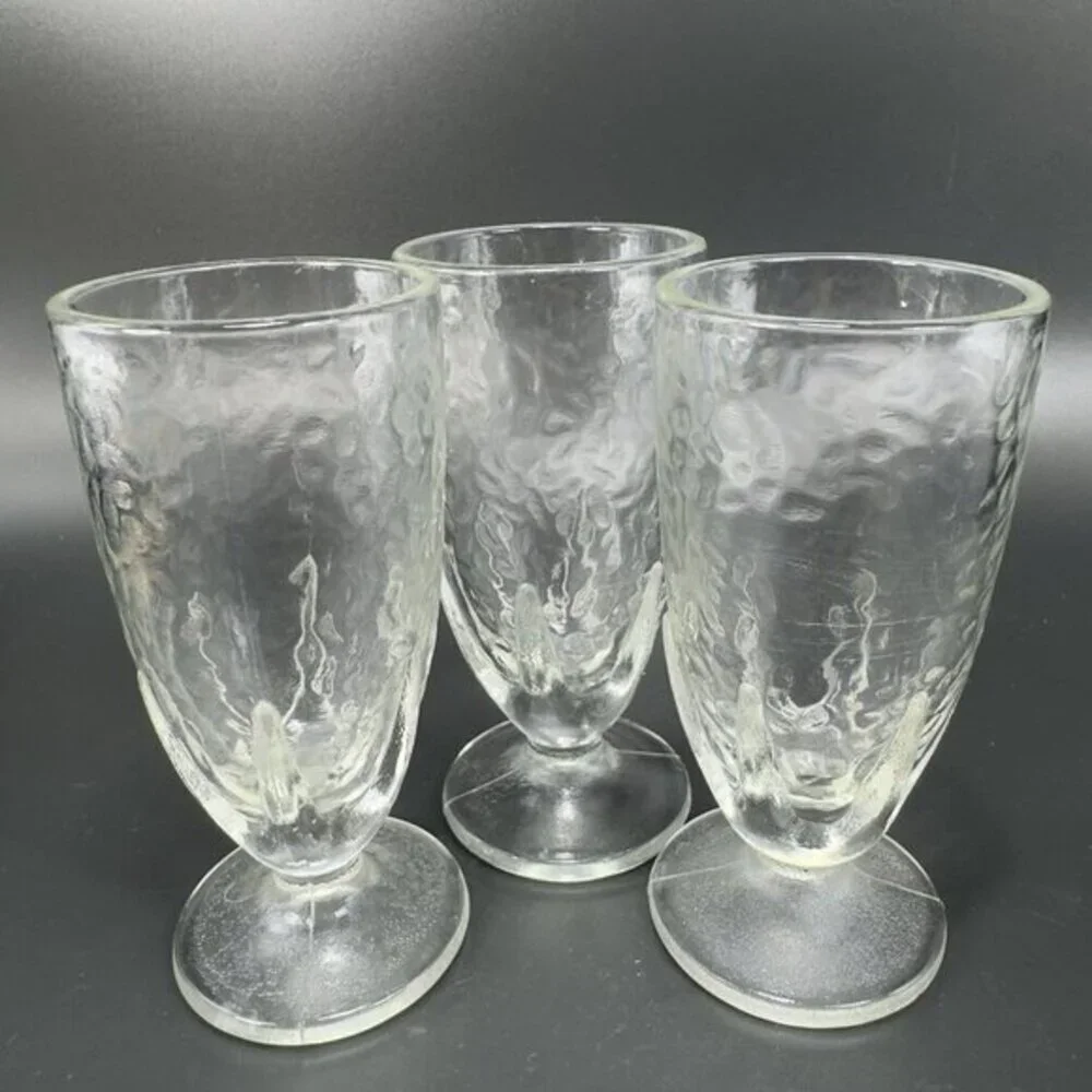 Vintage Clear‎ Crinkle Glass Parfait Footed Glasses Cups Set 3 BarWare Tumblers